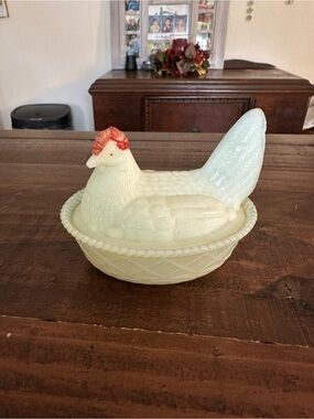 Westmoreland Milk Glass Hen on Nest Dish with Red Comb